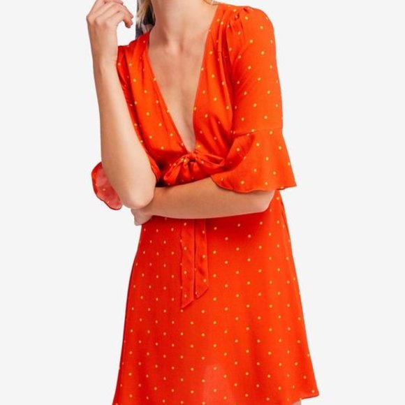 FREE PEOPLE 'All Yours' Flame Orange RED COMBO Polka DOT Ruffle BOHO Mini Dress - Picture 4 of 6